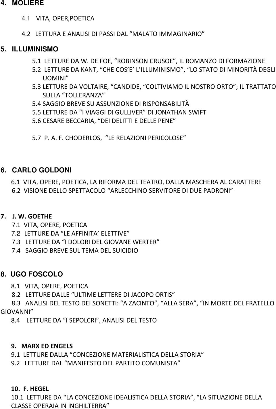 4 SAGGIO BREVE SU ASSUNZIONE DI RISPONSABILITÀ 5.5 LETTURE DA I VIAGGI DI GULLIVER DI JONATHAN SWIFT 5.6 CESARE BECCARIA, DEI DELITTI E DELLE PENE 5.7 P. A. F. CHODERLOS, LE RELAZIONI PERICOLOSE 6.