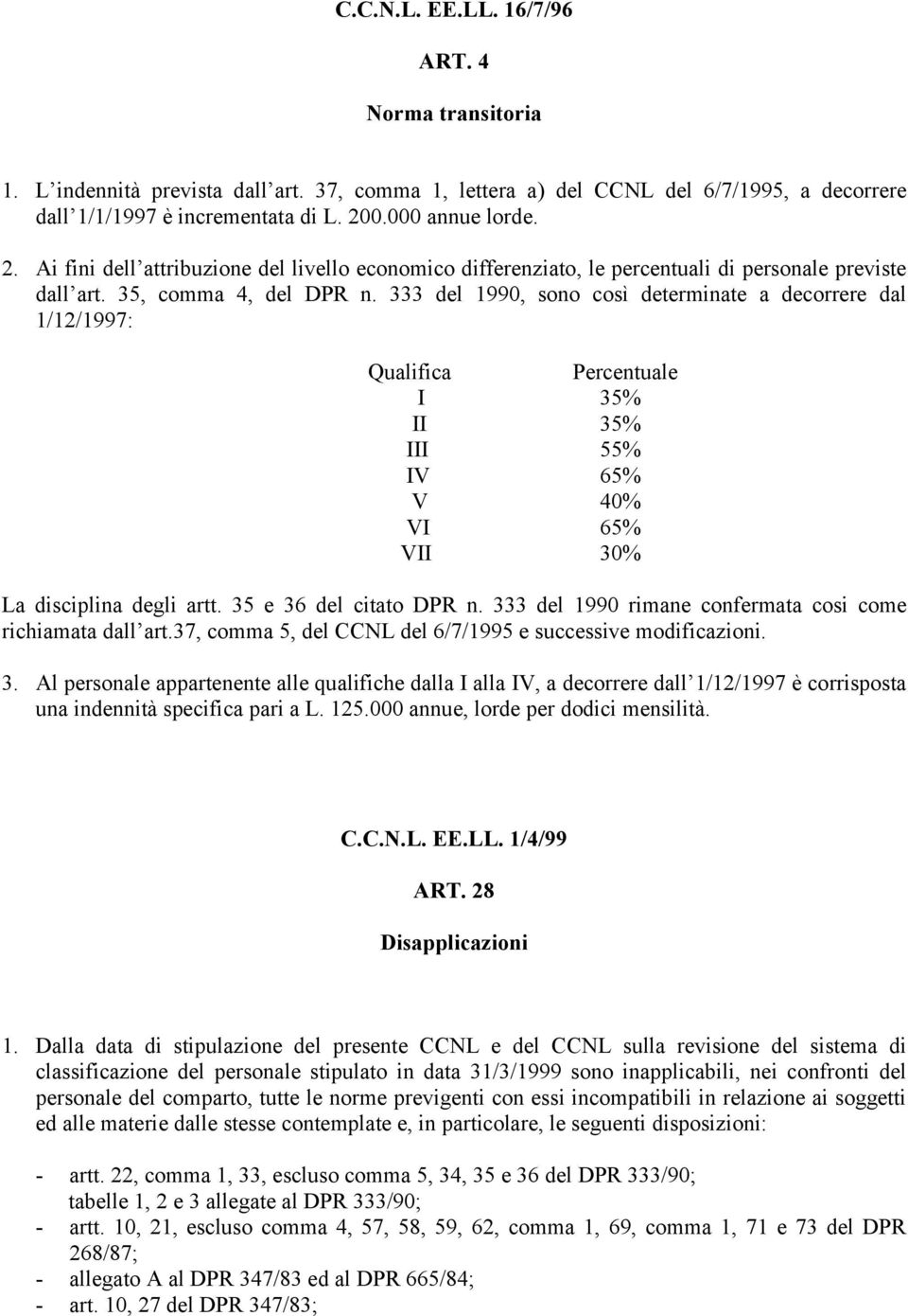 333 del 1990, sono così determinate a decorrere dal 1/12/1997: Qualifica Percentuale I 35% II 35% III 55% IV 65% V 40% VI 65% VII 30% La disciplina degli artt. 35 e 36 del citato DPR n.