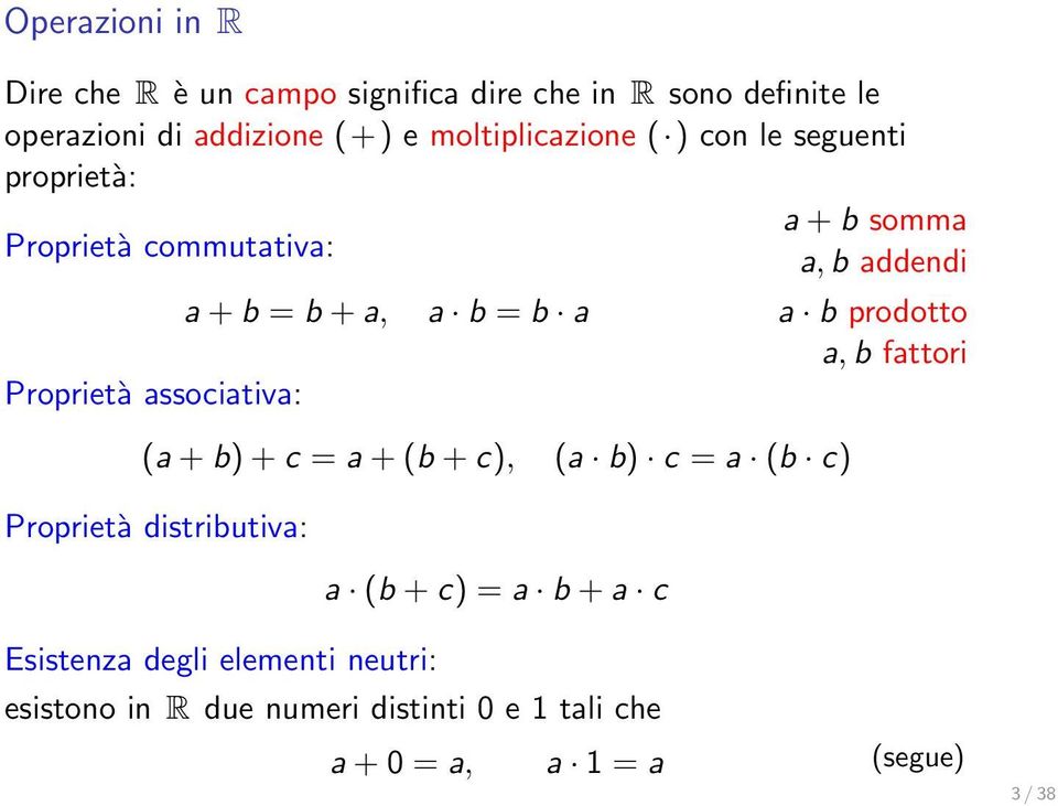 associativa: a b = b a (a + b) + c = a + (b + c), (a b) c = a (b c) Proprietà distributiva: a (b + c) = a b + a c a b