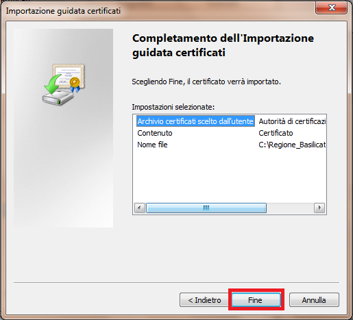 Cliccare sul pulsante Avanti : Cliccare sul pulsante Fine per portare a termine l importazione del