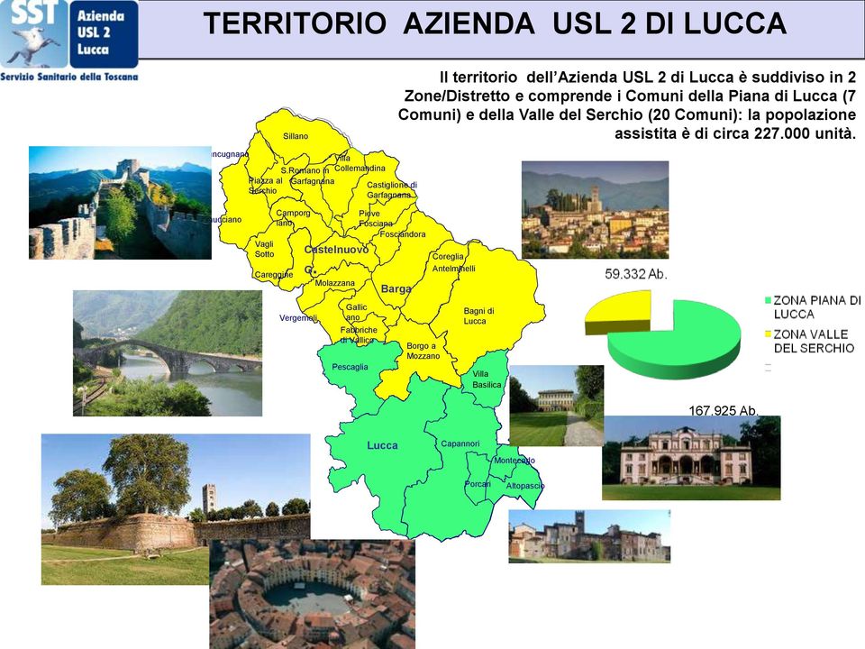 comprende i Comuni della Piana di Lucca (7 Comuni) e della Valle del Serchio (20 Comuni): la popolazione assistita è di circa 227.000 unità.