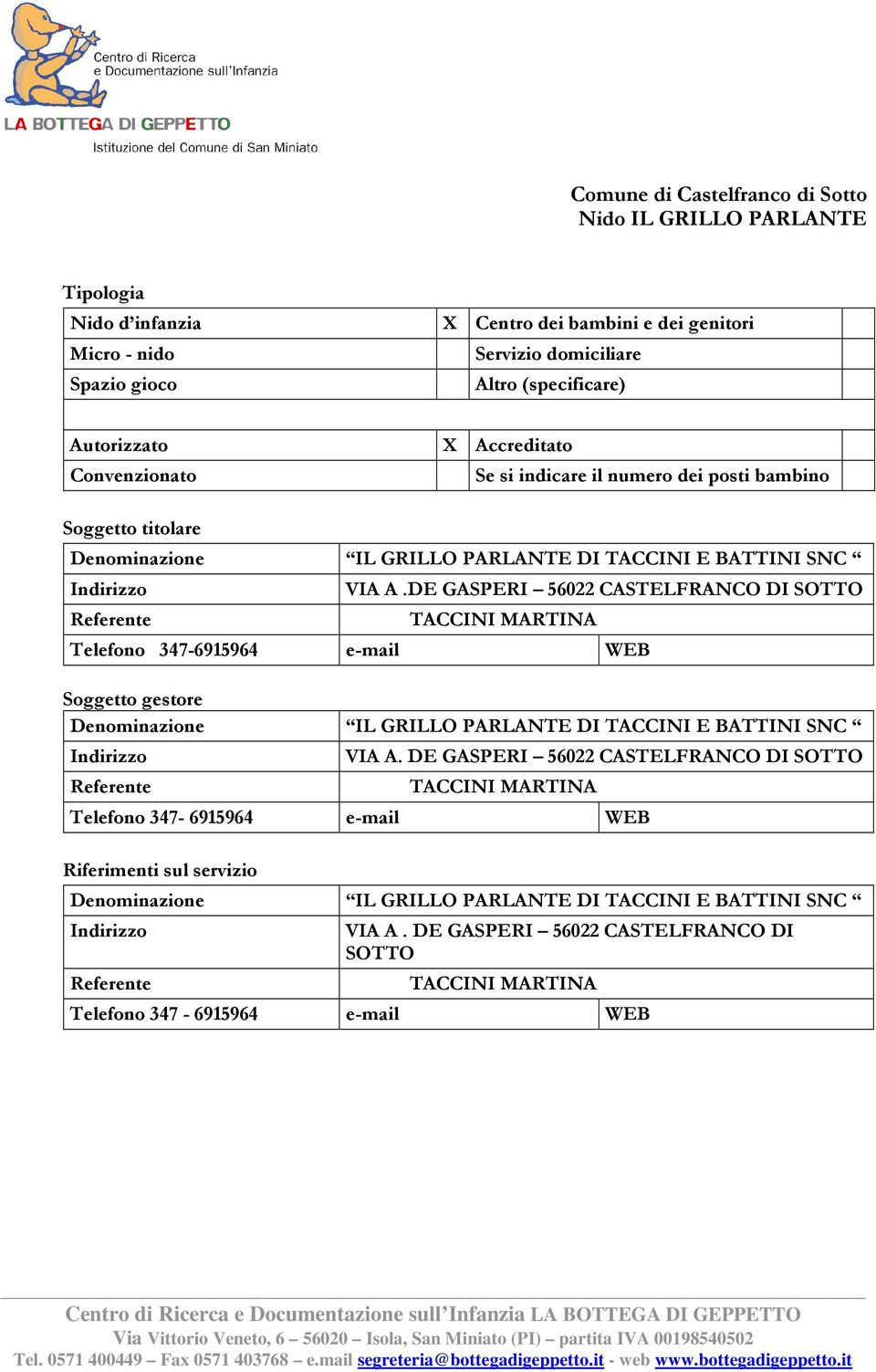 DE GASPERI 56022 CASTELFRANCO DI SOTTO TACCINI MARTINA Telefono 347-6915964 e-mail WEB IL GRILLO PARLANTE DI TACCINI E BATTINI SNC VIA A.