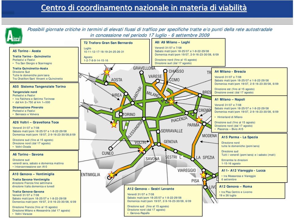 Tangenziale Torino Tangenziale nord Prefestivi e Festivi tra Falchera e Settimo Torinese dal km 2+750 al km 1+000 Diramazione Pinerolo Prefestivi e Festivi Beinasco e Volvera A26 Voltri Gravellona