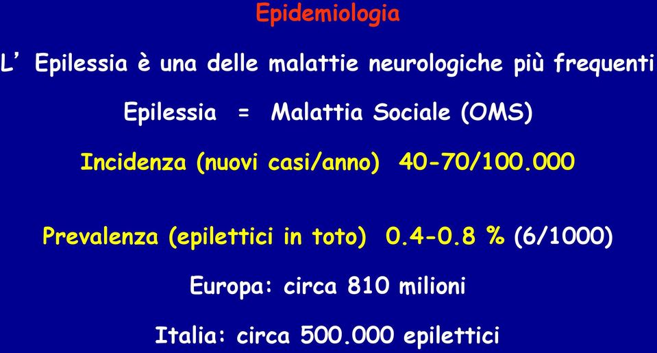casi/anno) 40-70/100.000 Prevalenza (epilettici in toto) 0.4-0.