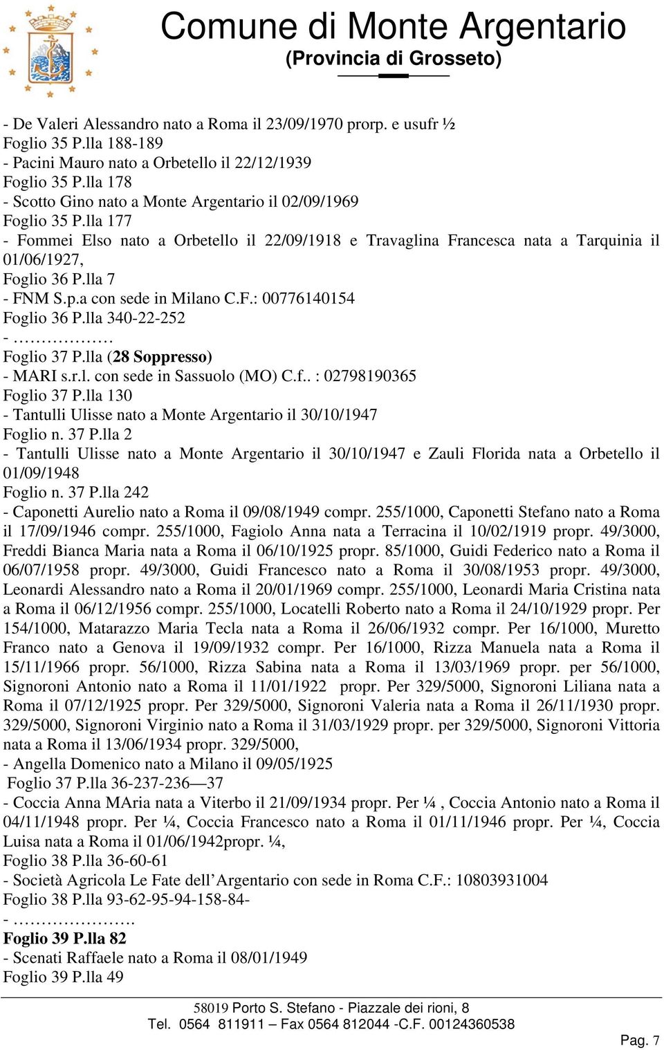 lla 7 - FNM S.p.a con sede in Milano C.F.: 00776140154 Foglio 36 P.lla 340-22-252 - Foglio 37 P.lla (28 Soppresso) - MARI s.r.l. con sede in Sassuolo (MO) C.f.. : 02798190365 Foglio 37 P.