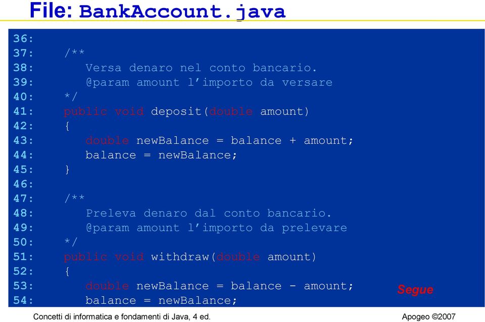 = balance + amount; 44: balance = newbalance; 45: } 46: 47: /** 48: Preleva denaro dal conto bancario.