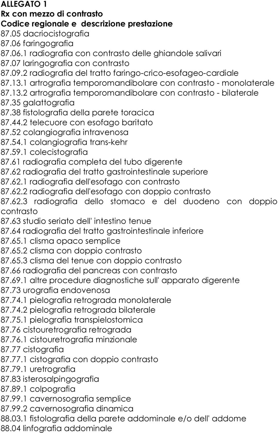 35 galattografia 87.38 fistolografia della parete toracica 87.44.2 telecuore con esofago baritato 87.52 colangiografia intravenosa 87.54.1 colangiografia trans-kehr 87.59.1 colecistografia 87.