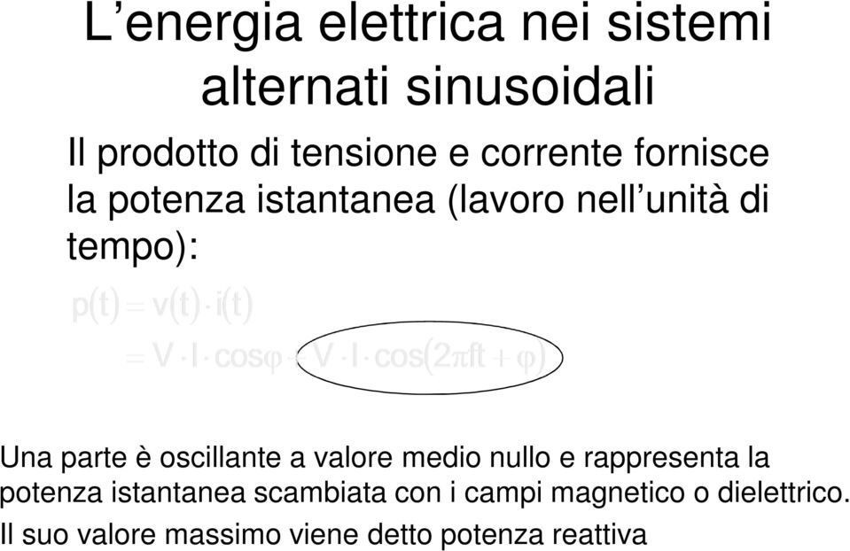 oscillante a valore medio nullo e rappresenta la potenza istantanea scambiata con