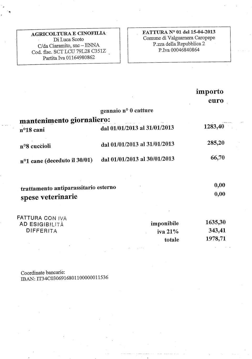 zza della Repubblica 2 Piva 00046840864 gennaio n O catture mantenimento giornaliero: n 18 cani dal 01/01/2013 al 31/01/2013 n 8 cuccioli dal 01/01/2013 al