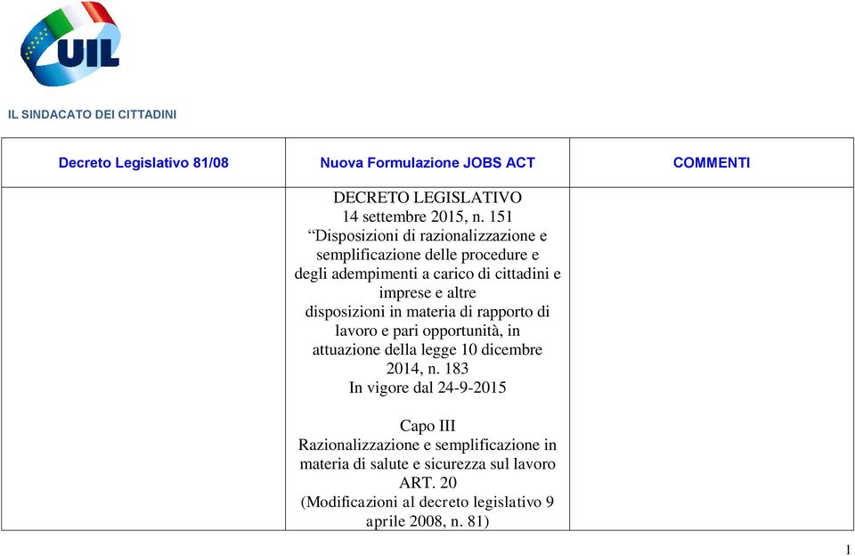 disposizioni in materia di rapporto di lavoro e pari opportunità, in attuazione della legge 10 dicembre 2014, n.