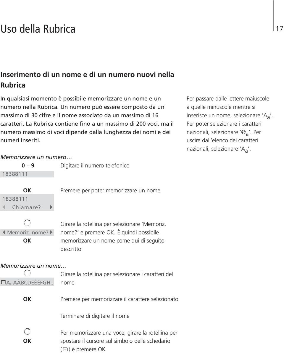 La Rubrica contiene fino a un massimo di 200 voci, ma il numero massimo di voci dipende dalla lunghezza dei nomi e dei numeri inseriti.