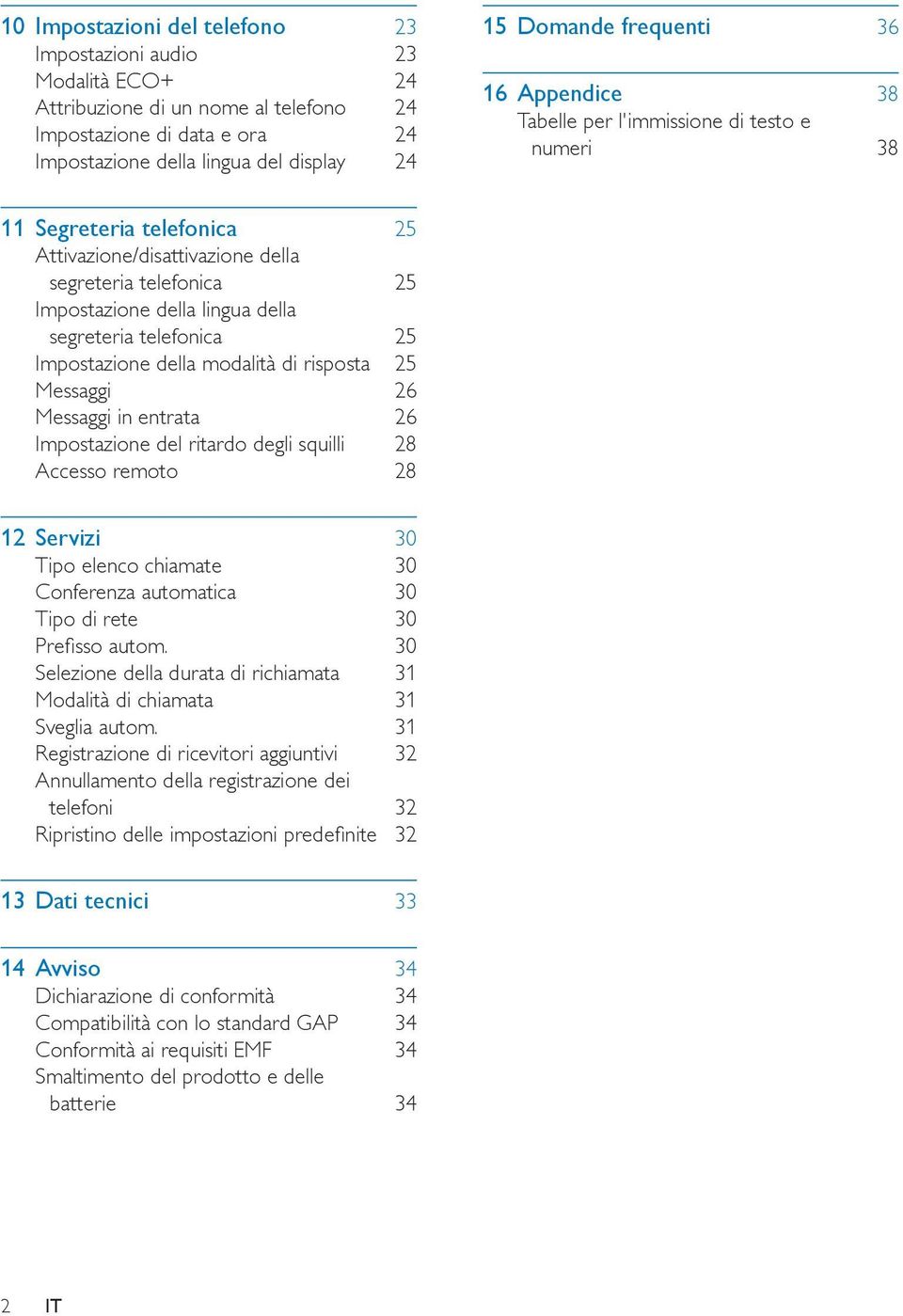 segreteria telefonica 25 Impostazione della modalità di risposta 25 Messaggi 26 Messaggi in entrata 26 Impostazione del ritardo degli squilli 28 Accesso remoto 28 12 Servizi 30 Tipo elenco chiamate