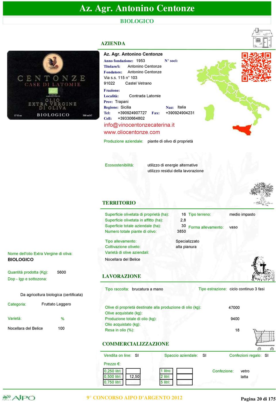 com utilizzo di energie alternative utilizzo residui della lavorazione Superficie olivetata di proprietà (ha): 16 2,8 Superficie totale aziendale (ha): 30 Numero totale piante di olivo: 3850 medio