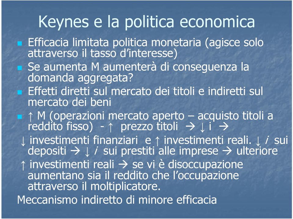 Effetti diretti sul mercato dei titoli e indiretti sul mercato dei beni M (operazioni mercato aperto acquisto titoli a reddito fisso) - prezzo