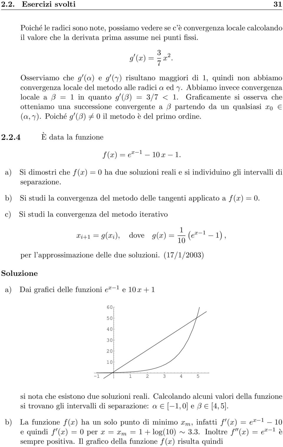 Graficamente si osserva che otteniamo una successione convergente a β partendo da un qualsiasi x 0 (α, γ). Poiché g (β) 0 il metodo è del primo ordine. 2.2.4 È data la funzione f(x) = e x 1 10 x 1.