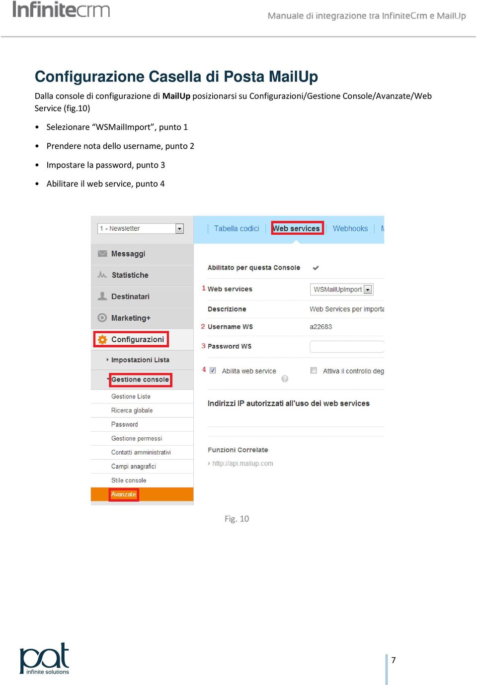 (fig.10) Selezionare WSMailImport, punto 1 Prendere nota dello username,