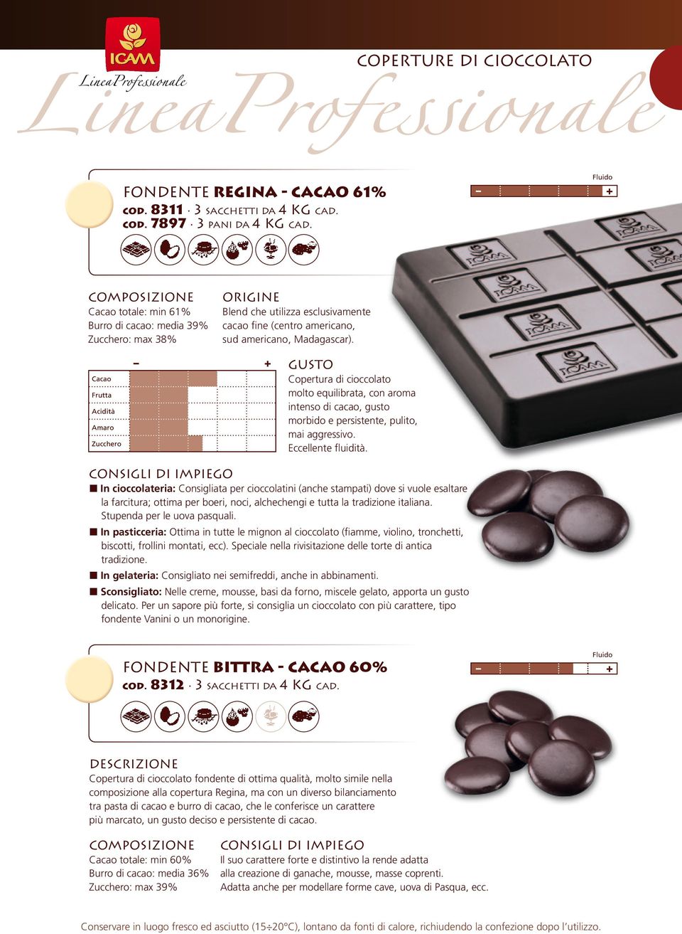 Cacao Frutta Acidità Amaro Zucchero gusto Copertura di cioccolato molto equilibrata, con aroma intenso di cacao, gusto morbido e persistente, pulito, mai aggressivo. Eccellente fluidità.
