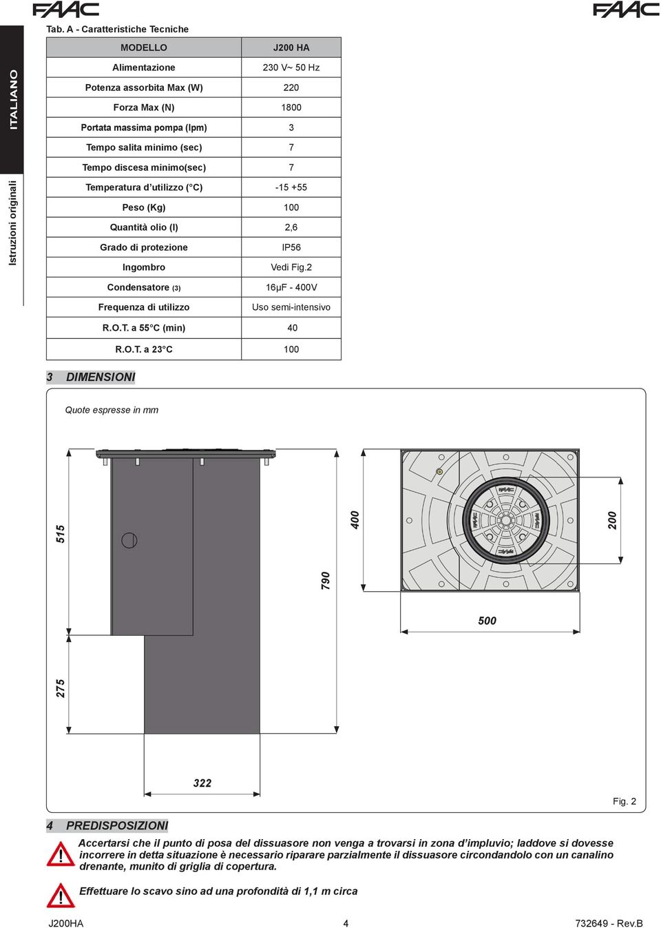 2 Condensatore (3) Frequenza di utilizzo 16µF - 400V Uso semi-intensivo R.O.T. a 55 C (min) 40 R.O.T. a 23 C 100 3 DIMENSIONI Quote espresse in mm 275 515 790 400 500 200 322 Fig.