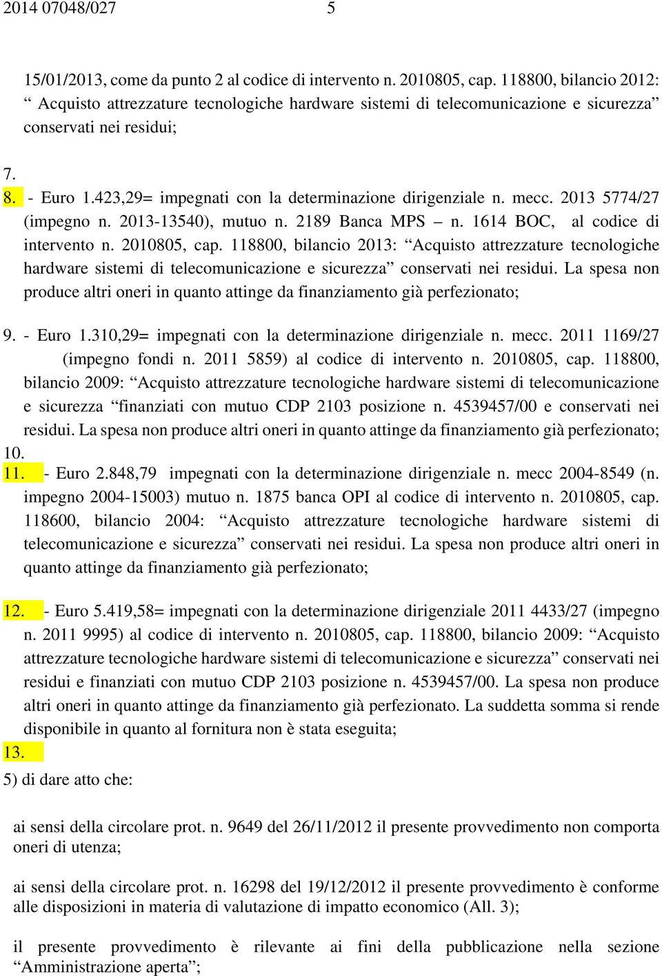 423,29= impegnati con la determinazione dirigenziale n. mecc. 2013 5774/27 (impegno n. 2013-13540), mutuo n. 2189 Banca MPS n. 1614 BOC, al codice di intervento n. 2010805, cap.