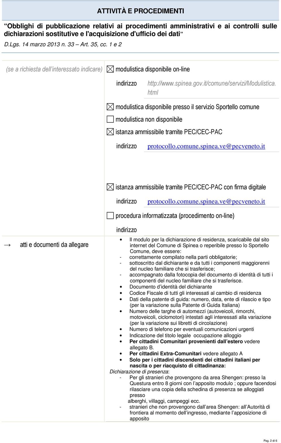 it istanza ammissibile tramite PEC/CEC-PAC con firma digitale protocollo.comune.spinea.ve@pecveneto.