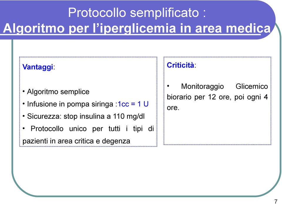 stop insulina a 110 mg/dl Monitoraggio Glicemico biorario per 12 ore, poi ogni