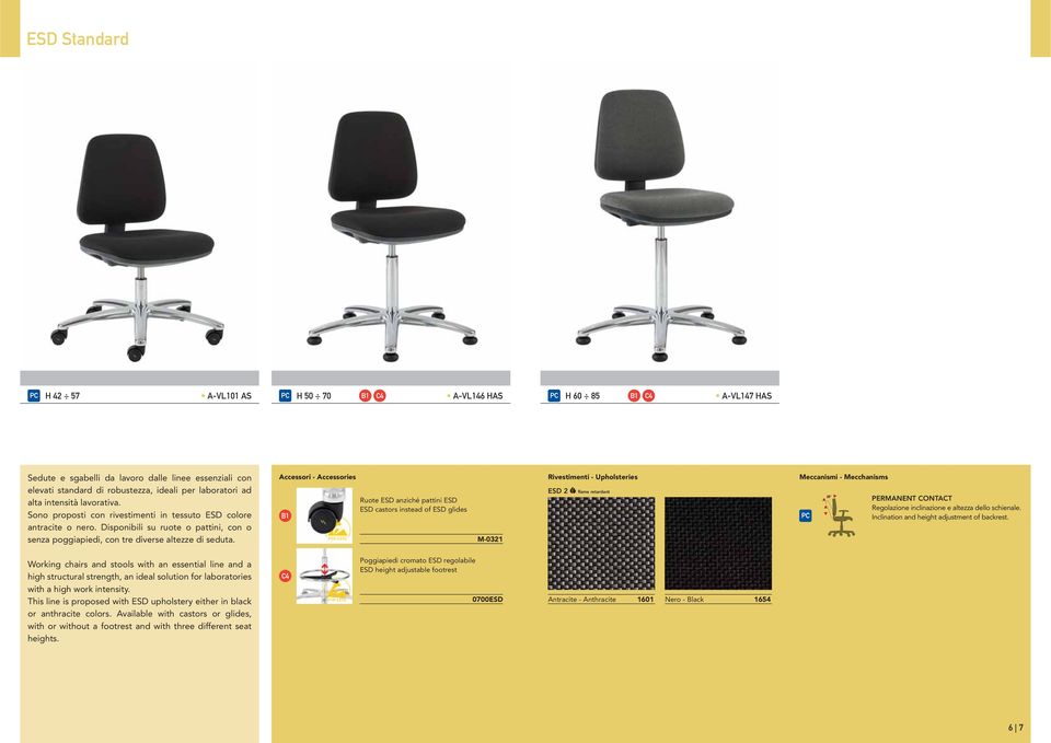 ccessori - ccessories Ruote ESD anziché pattini ESD ESD castors instead of ESD glides M-0321 Rivestimenti - Upholsteries ESD 2 flame retardant Meccanismi - Mecchanisms PERMNENT CONTCT Regolazione