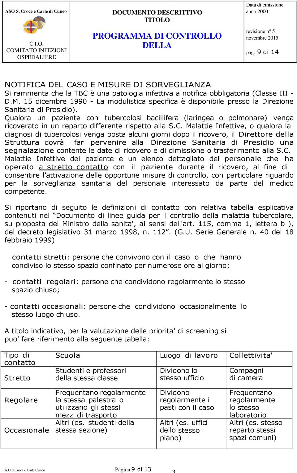 Malattie Infettive, o qualora la diagnosi di tubercolosi venga posta alcuni giorni dopo il ricovero, il Direttore della Struttura dovrà far pervenire alla Direzione Sanitaria di Presidio una