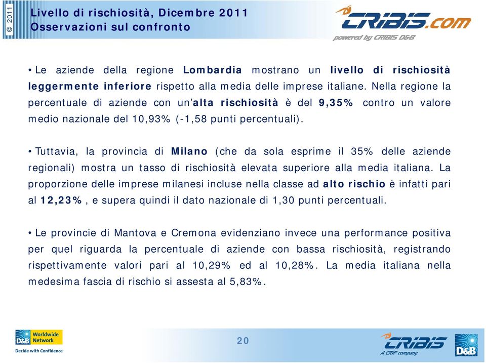 Tuttavia, la provincia di Milano (che da sola esprime il 35% delle aziende regionali) mostra un tasso di rischiosità elevata superiore alla media italiana.