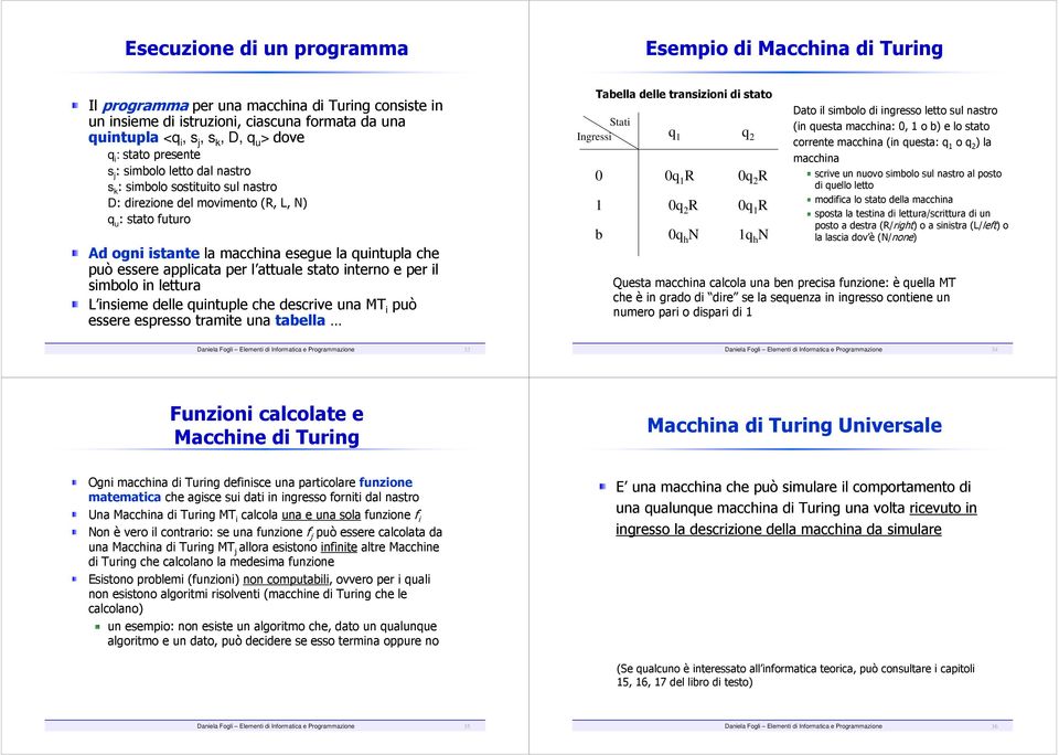 essere applicata per l attuale stato inter e per il simbolo in lettura L insieme delle quintuple che descrive una MT i può essere espresso tramite una tabella Tabella delle transizioni di stato Stati