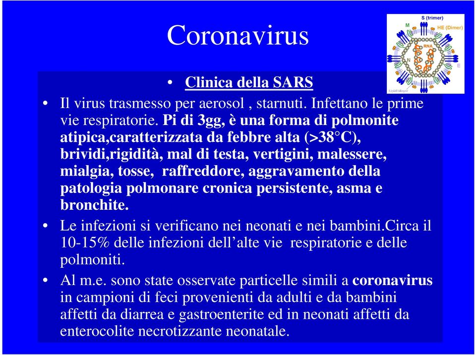 aggravamento della patologia polmonare cronica persistente, asma e bronchite. Le infezioni si verificano nei neonati e nei bambini.