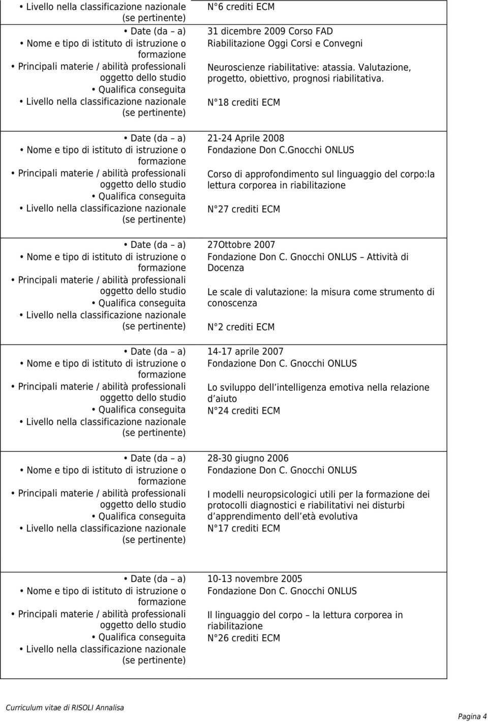 Gnocchi ONLUS Corso di approfondimento sul linguaggio del corpo:la lettura corporea in riabilitazione N 27 crediti ECM 27Ottobre 2007 Attività di Docenza Le scale di valutazione: la misura come