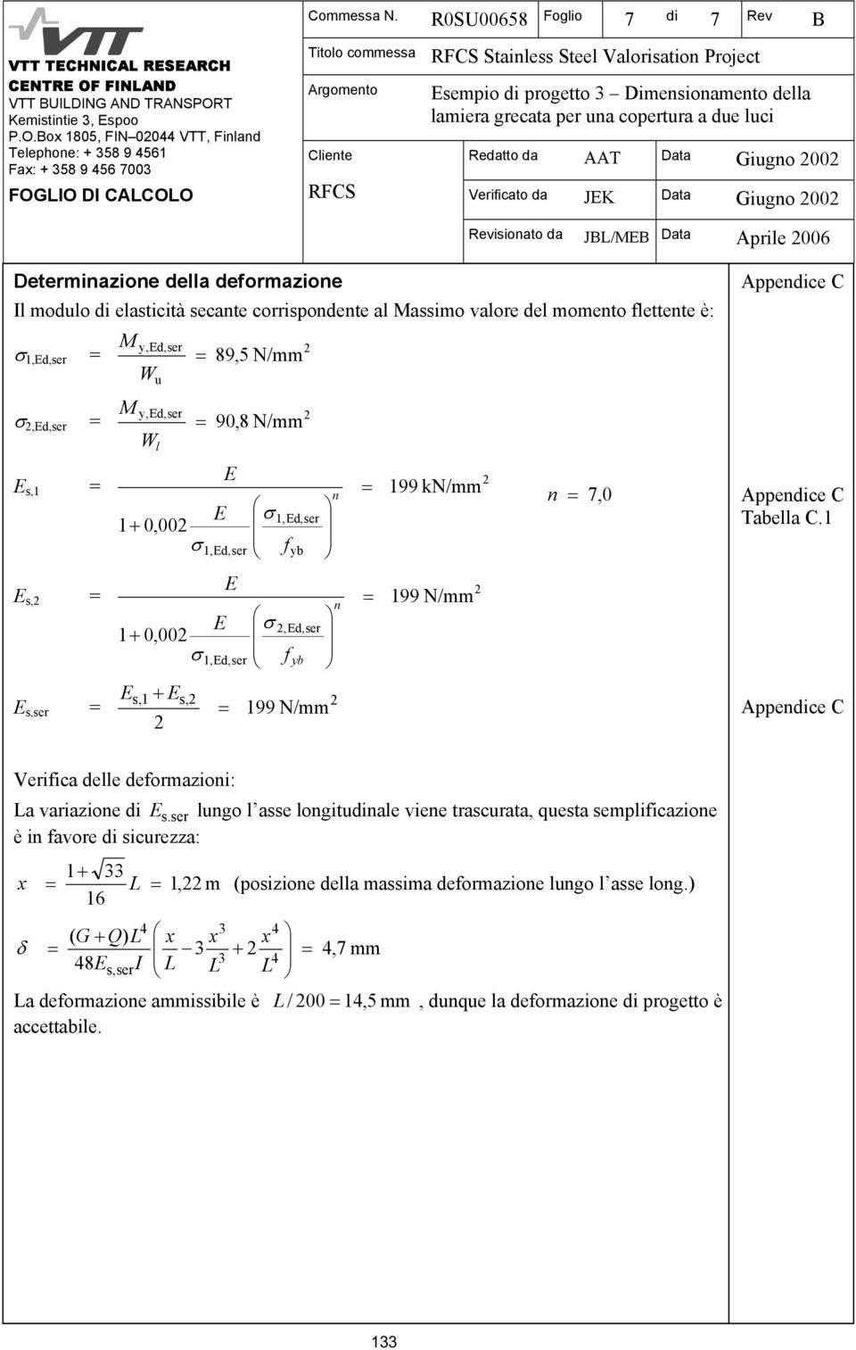 JK Daa Giugno Revisionao da JBL/B Daa Arile 6 Deerminazione della deformazione Aendice C l modulo di elasicià secane corrisondene al assimo valore del momeno fleene è: σ 1,d,ser σ,d,ser s,1 s, s,ser