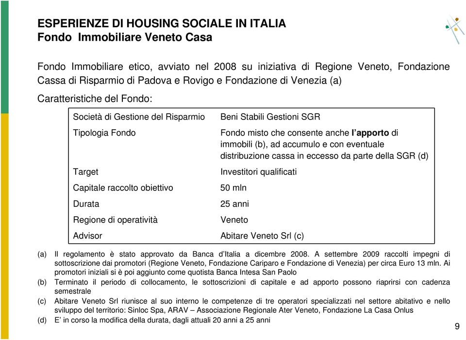 SGR Fondo misto che consente anche l apporto di immobili (b), ad accumulo e con eventuale distribuzione cassa in eccesso da parte della SGR (d) Investitori qualificati 50 mln 25 anni Veneto Abitare