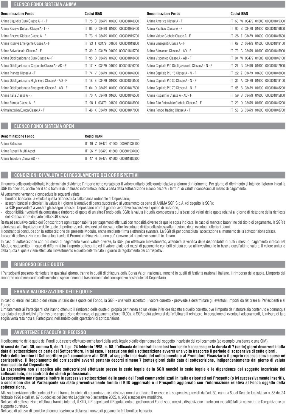 Classe A - F IT 95 D 03479 01600 000801848400 Anima Obbligazionario Corporate Classe A - AD - F IT 17 X 03479 01600 000801846200 Anima Pianeta Classe A - F IT 74 V 03479 01600 000801846000 Anima