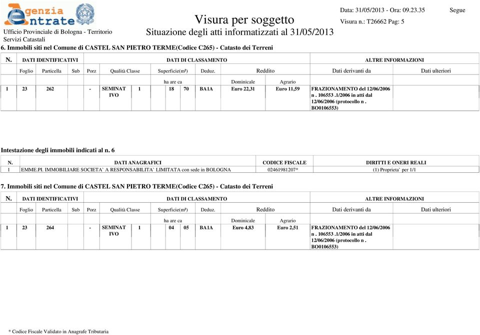 : T26662 Pag: 5 1 23 262 - SEMINAT 1 18 70 BA1A Euro 22,31 Euro 11,59 FRAZIONAMENTO del 12/06/2006