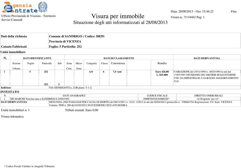 immobiliare N. DATI IDENTIFICATIVI DATI DI CLASSAMENTO DATI DERIVANTI DA Sezione Foglio Particella Sub Zona Micro Categoria Classe Consistenza Rendita Urbana Cens.