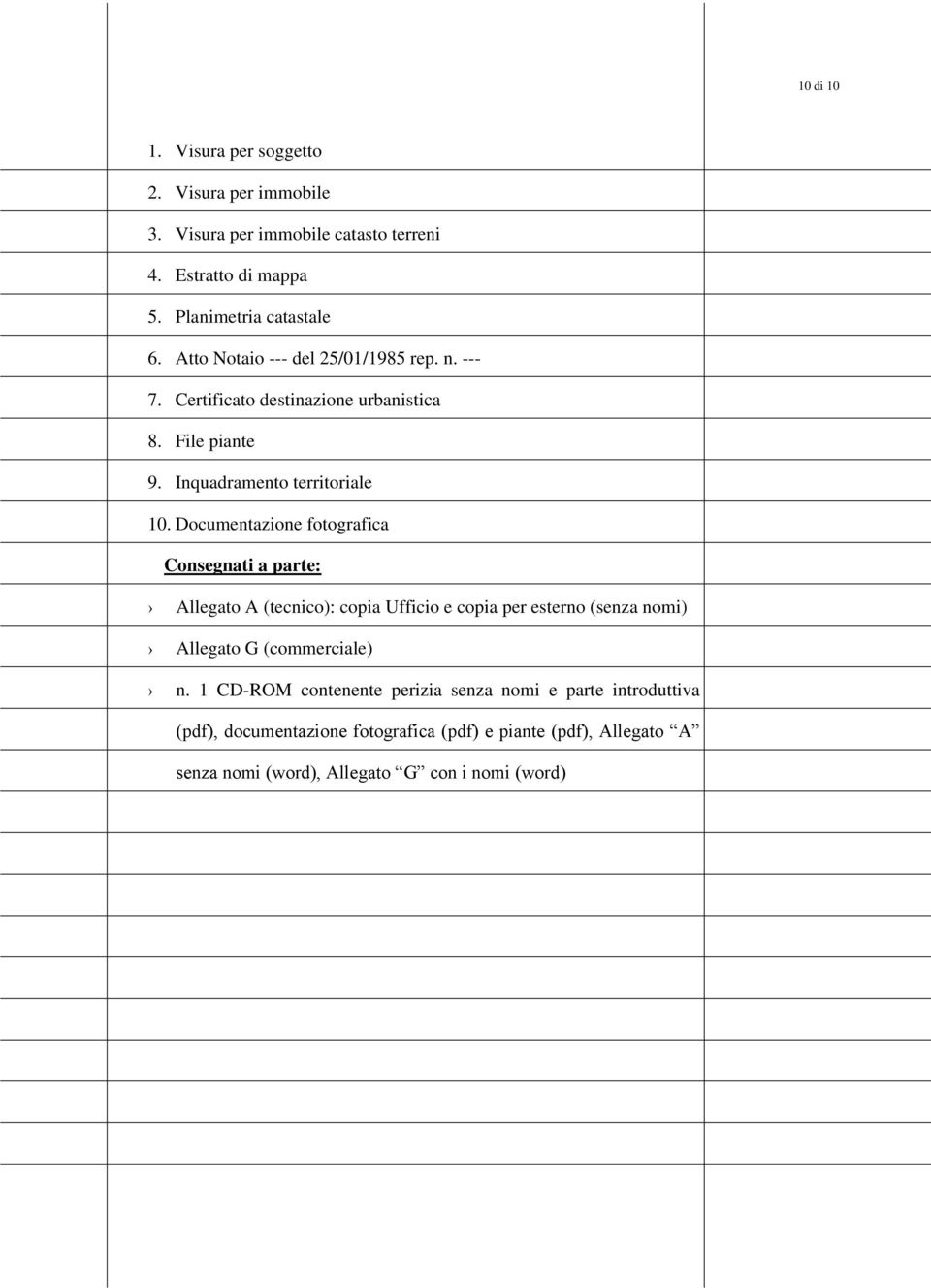 Documentazione fotografica Consegnati a parte: Allegato A (tecnico): copia Ufficio e copia per esterno (senza nomi) Allegato G (commerciale) n.