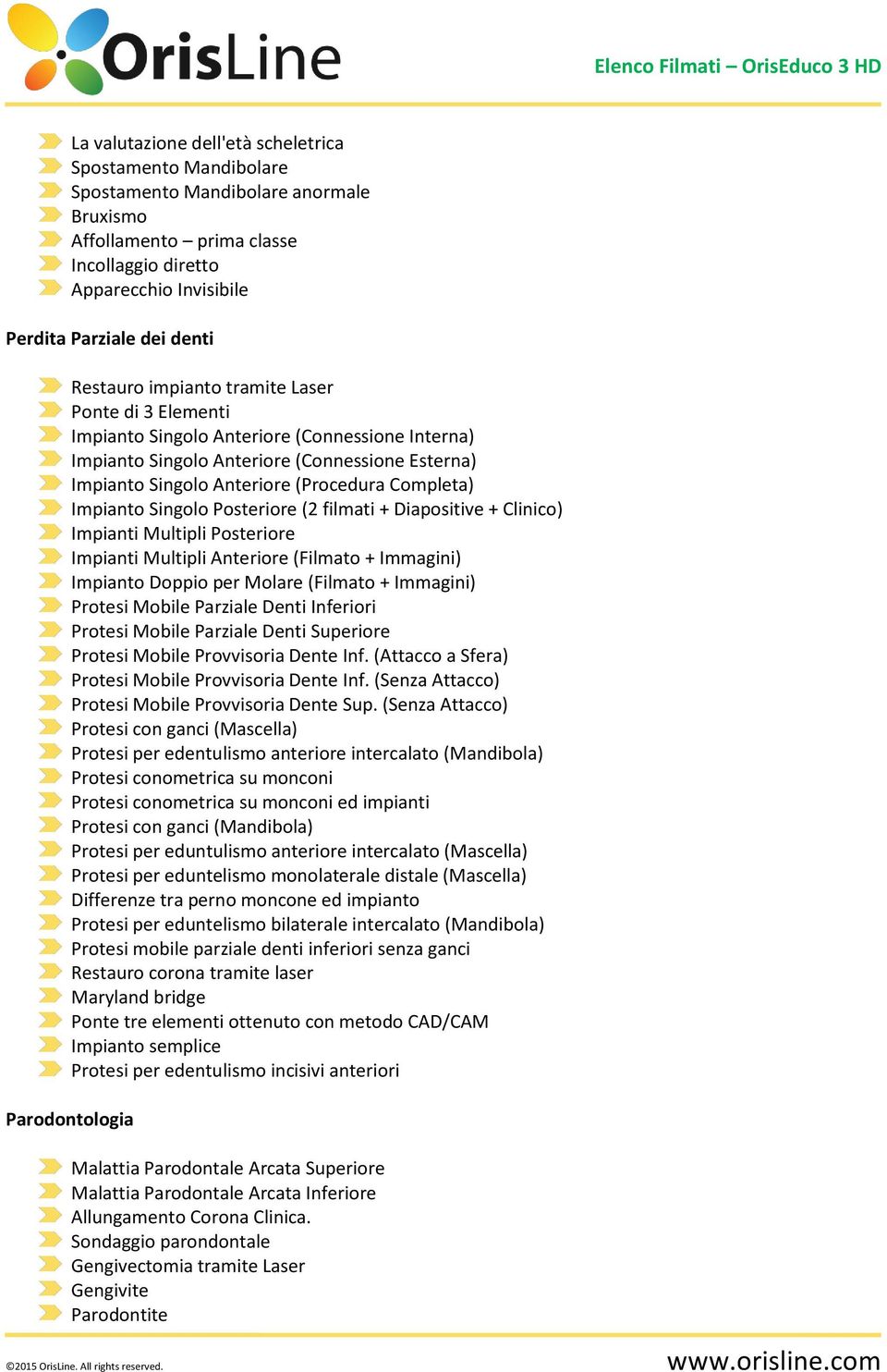 Impianto Singolo Posteriore (2 filmati + Diapositive + Clinico) Impianti Multipli Posteriore Impianti Multipli Anteriore (Filmato + Immagini) Impianto Doppio per Molare (Filmato + Immagini) Protesi