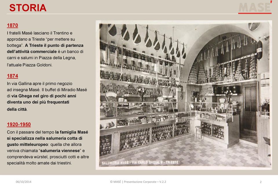 1874 In via Gallina apre il primo negozio ad insegna Masé. Il buffet di Miradio Masé di via Ghega nel giro di pochi anni diventa uno dei più frequentati della città.