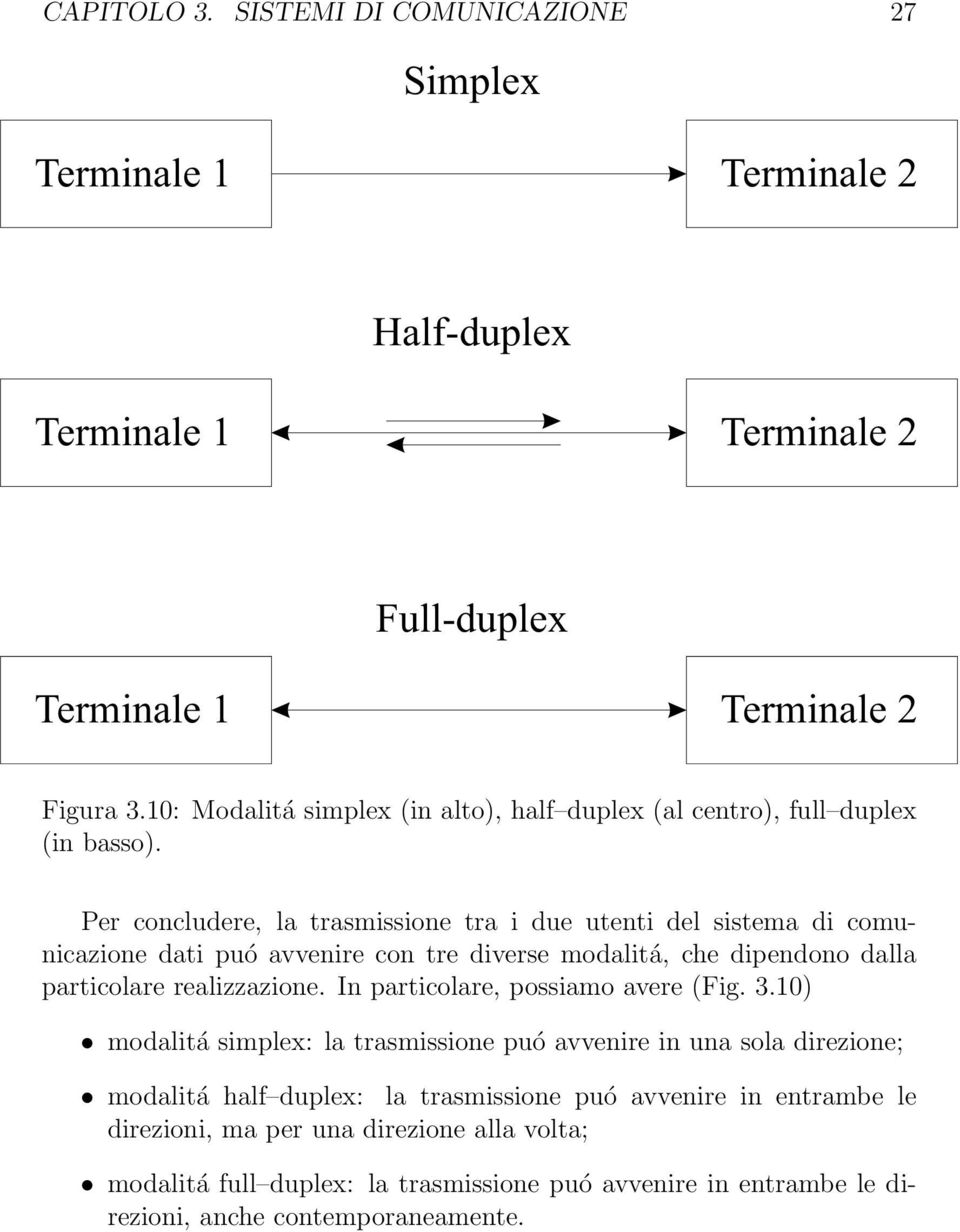 Per concludere, la trasmissione tra i due utenti del sistema di comunicazione dati puó avvenire con tre diverse modalitá, che dipendono dalla particolare realizzazione.