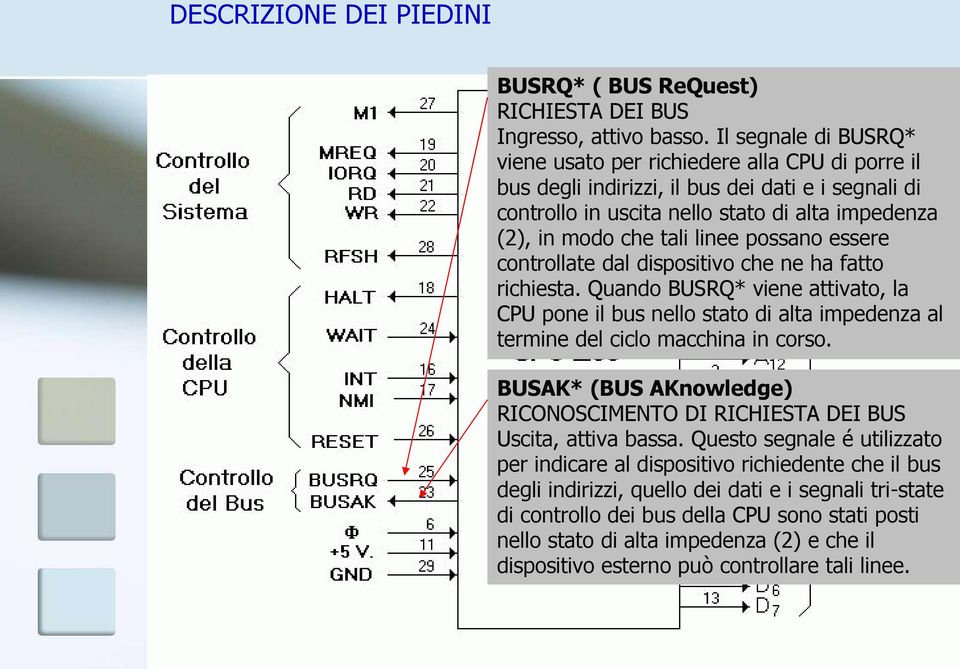 possano essere controllate dal dispositivo che ne ha fatto richiesta. Quando BUSRQ* viene attivato, la CPU pone il bus nello stato di alta impedenza al termine del ciclo macchina in corso.