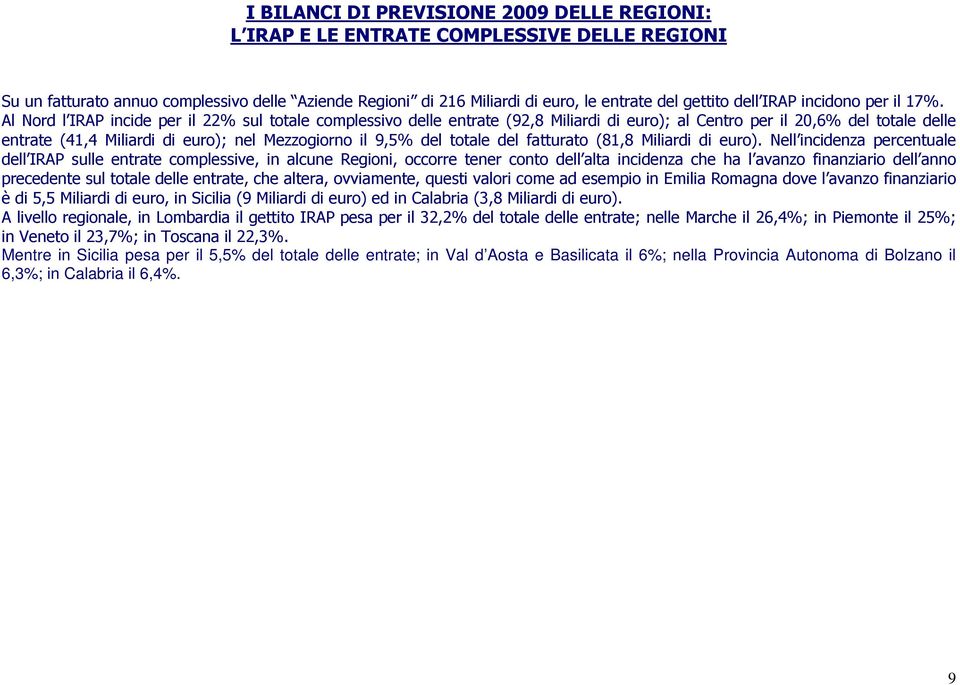 Al Nord l IRAP incide per il 22% sul totale complessivo delle entrate (92,8 Miliardi di euro); al Centro per il 20,6% del totale delle entrate (41,4 Miliardi di euro); nel Mezzogiorno il 9,5% del