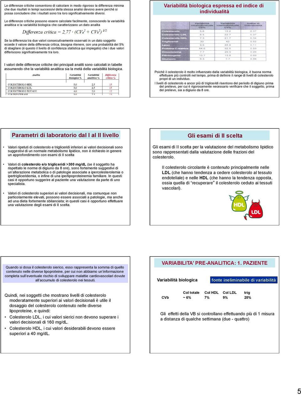 Variabilità biologica espressa ed indice di individualità Le differenze critiche possono essere calcolate facilmente, conoscendo la variabilità analitica e la variabilità biologica che caratterizzano