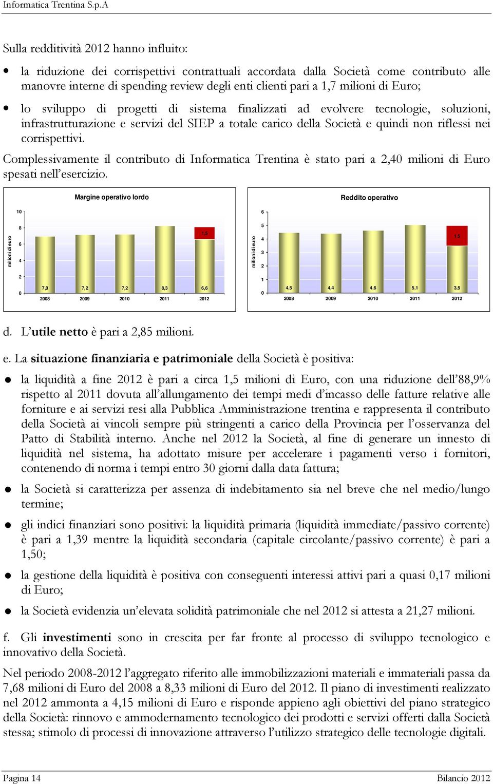 corrispettivi. Complessivamente il contributo di Informatica Trentina è stato pari a 2,40 milioni di Euro spesati nell esercizio.