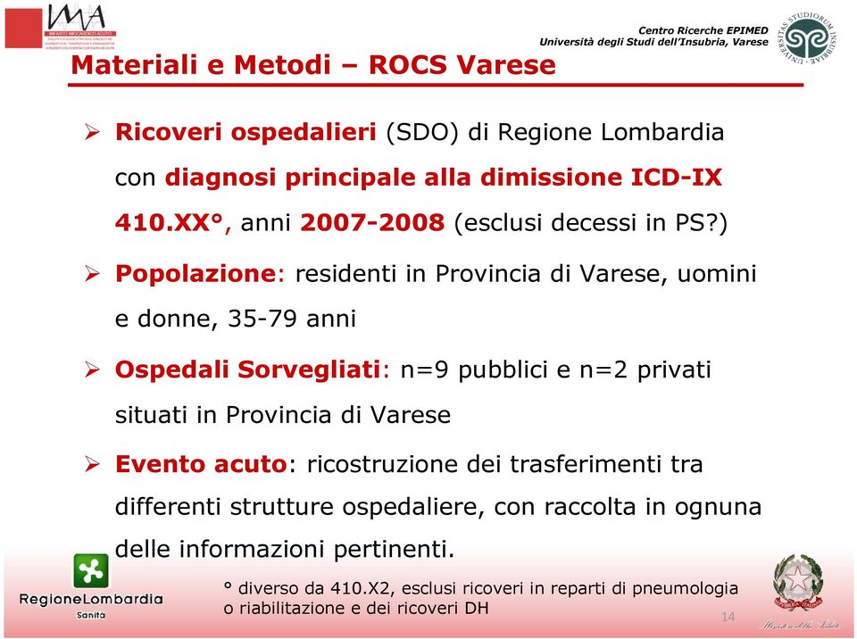 ) Popolazione: residenti in Provincia di Varese, uomini e donne, 35-79 anni Ospedali Sorvegliati: n=9 pubblici e n=2 privati situati in