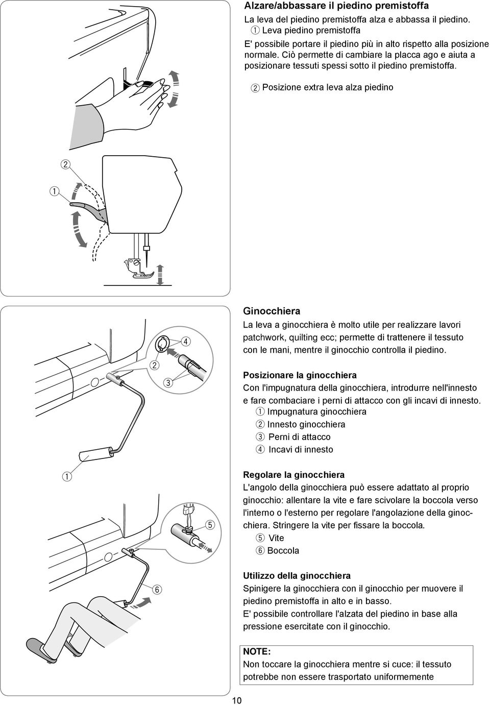 Posizion xta lva alza pidino Ginocchia La lva a ginocchia è molto util p alizza lavoi patchok, uilting cc; pmtt di tattn il tssuto con l mani, mnt il ginocchio contolla il pidino.