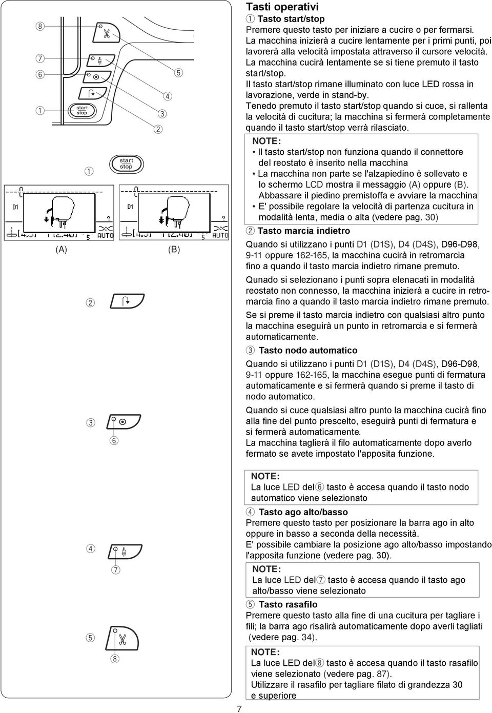 Tndo pmuto il tasto stat/stop uando si cuc, si allnta la vlocità di cucitua; la macchina si fmà compltamnt uando il tasto stat/stop và ilasciato.