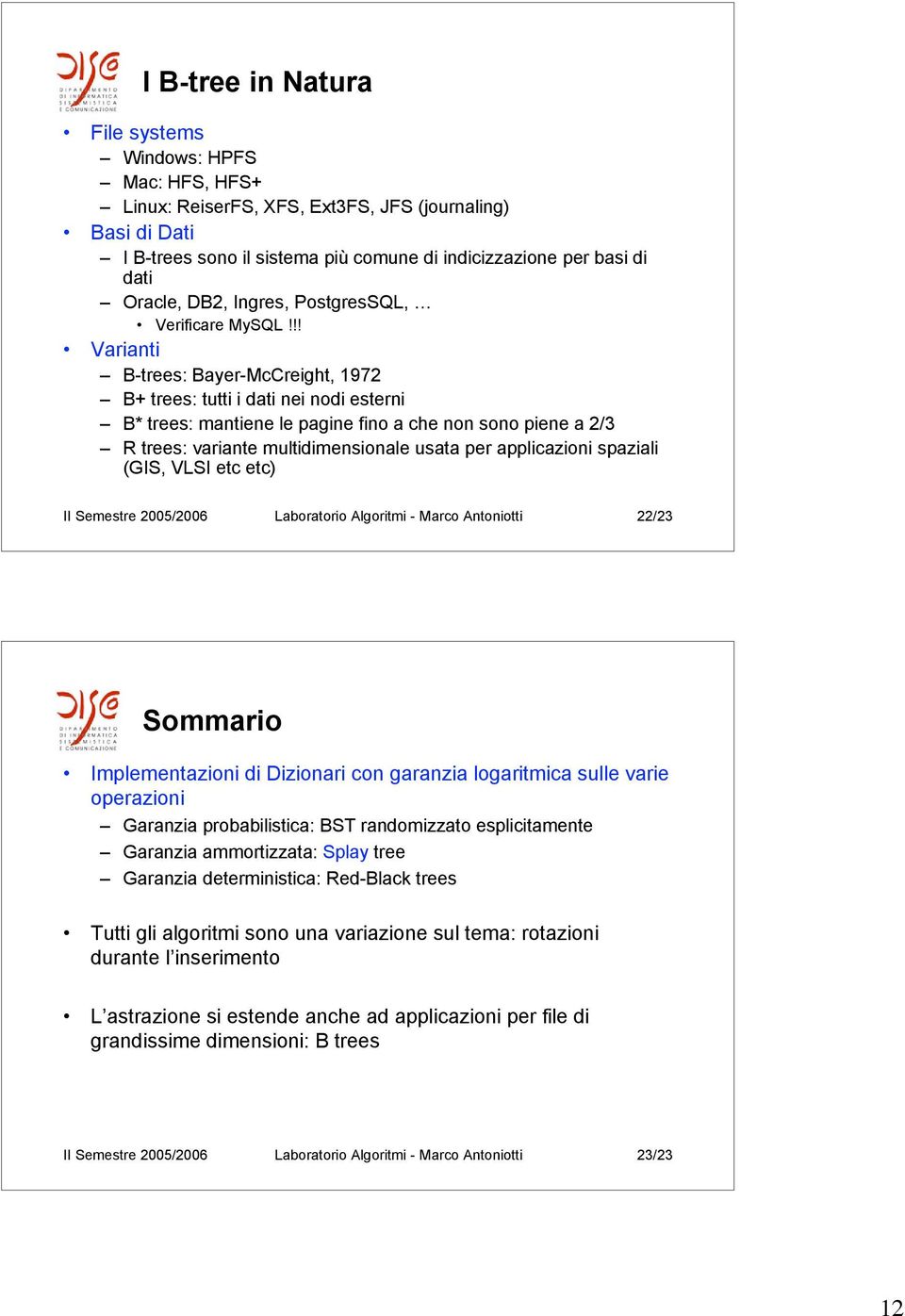 !! Varianti B-trees: Bayer-McCreight, 972 B+ trees: tutti i dati nei nodi esterni B* trees: mantiene le pagine fino a che non sono piene a 2/3 R trees: variante multidimensionale usata per