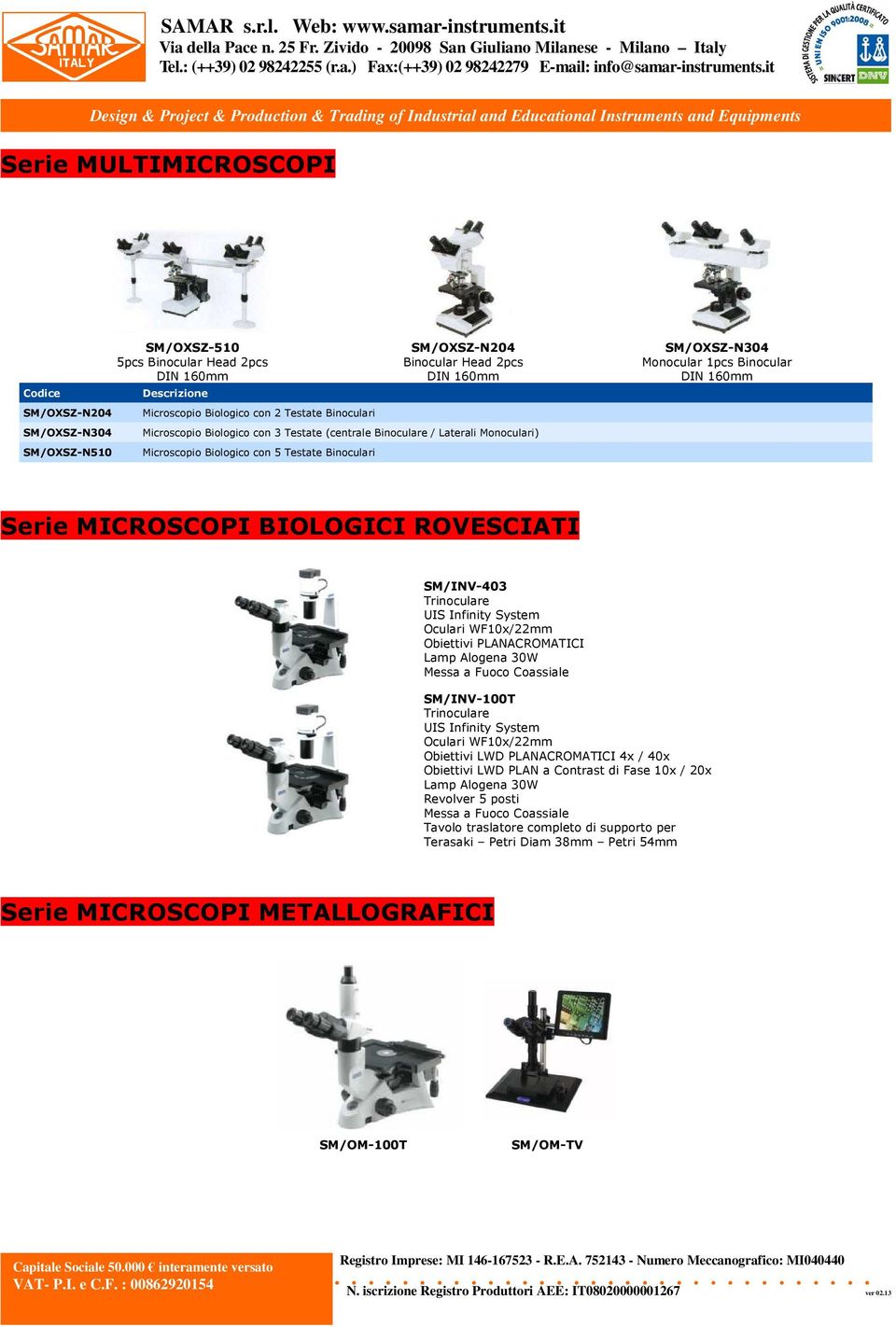 BIOLOGICI ROVESCIATI SM/INV-403 Trinoculare UIS Infinity System Oculari WF10x/22mm Obiettivi PLANACROMATICI Lamp Alogena 30W Messa a Fuoco Coassiale SM/INV-100T Trinoculare UIS Infinity System