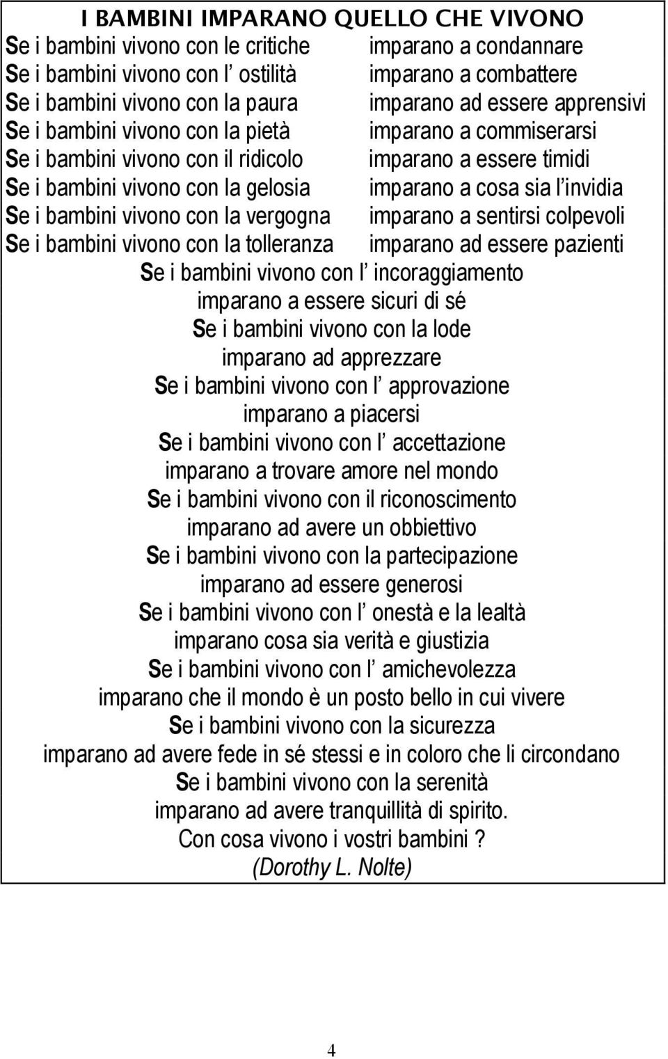 invidia Se i bambini vivono con la vergogna imparano a sentirsi colpevoli Se i bambini vivono con la tolleranza imparano ad essere pazienti Se i bambini vivono con l incoraggiamento imparano a essere